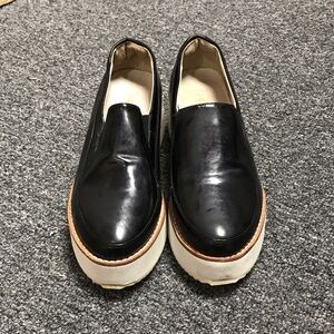 Sol Sana Black Leather Platform Slip-On Loafers with Cream Sole